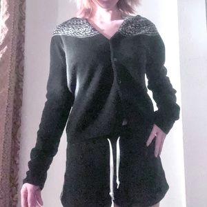 Frenchi Black Cardigan with Intricate White Designs 🖤